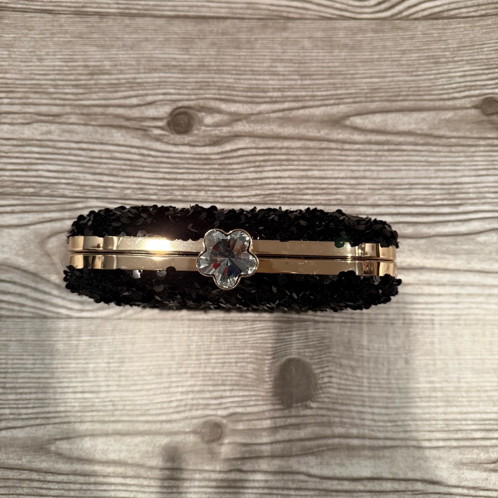 Black Sequin Evening Clutch Gold Frame Crystal Clasp Formal Wedding Purse